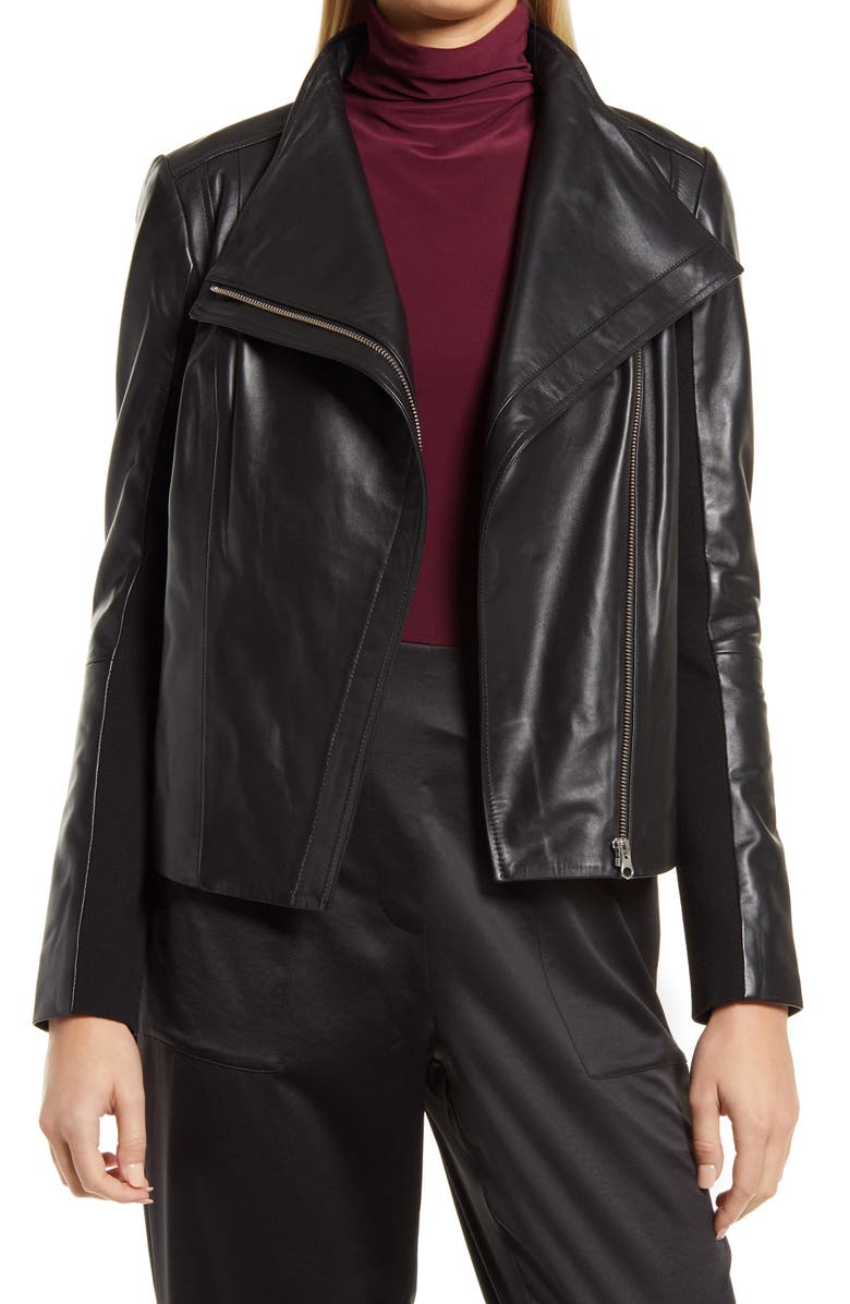 Black Lapel Collar Leather Jacket For Women