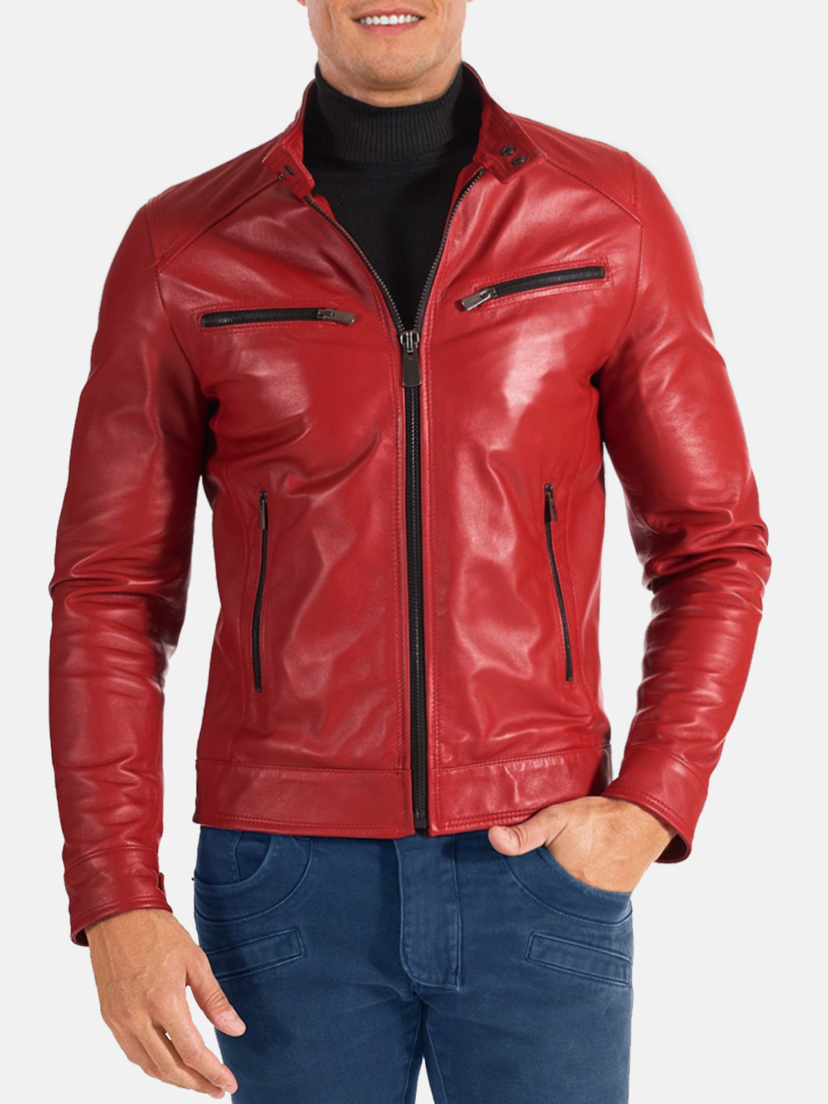 Men Slimfit Red Leather Jacket