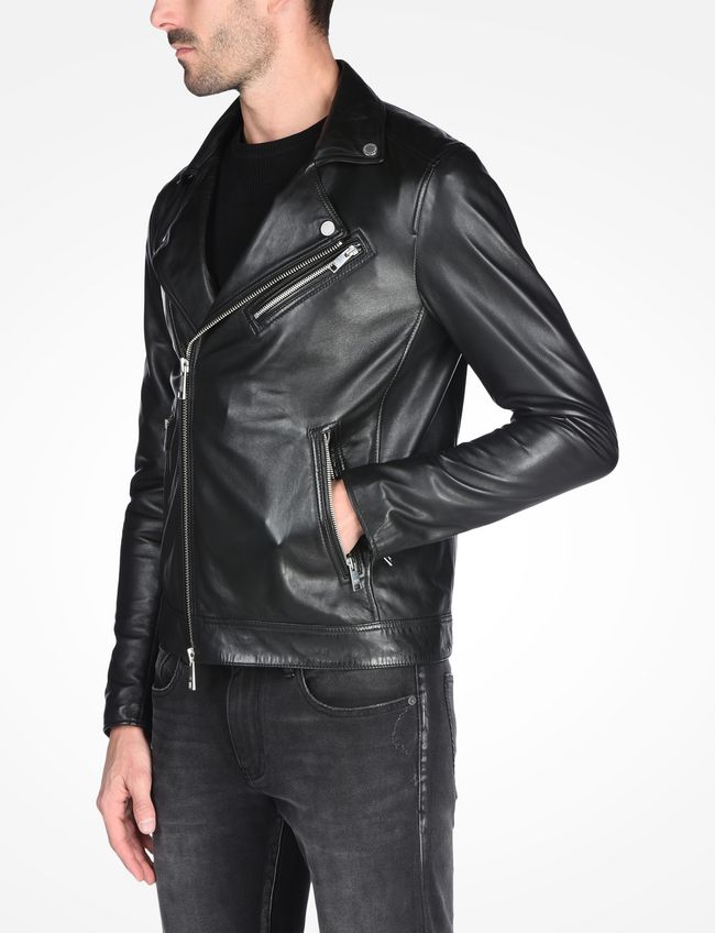 Black Sheepskin Leather Moto Jacket For Men