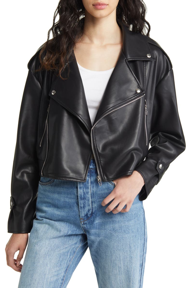 Drop Shoulder Faux Leather Crop Jacket