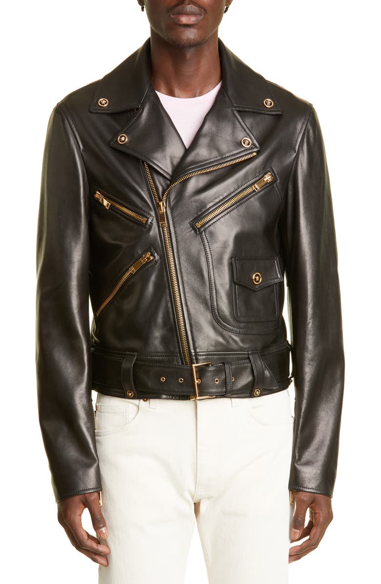Men's Medusa Embellished Leather Biker Jacket