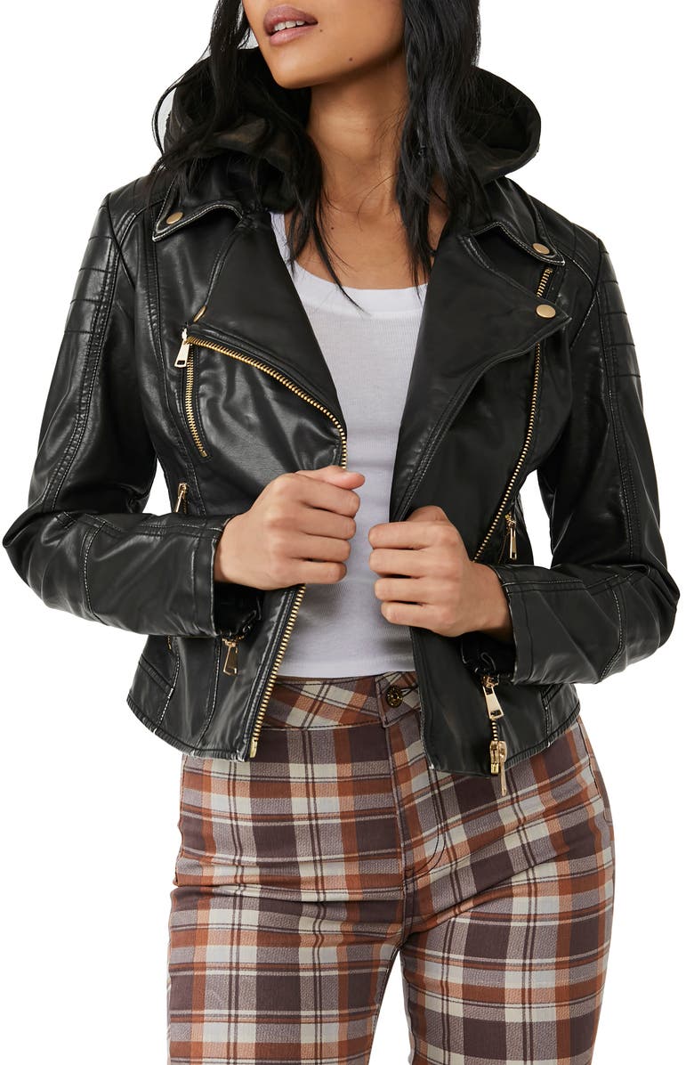 Harriett Hooded Faux Leather Moto Jacket