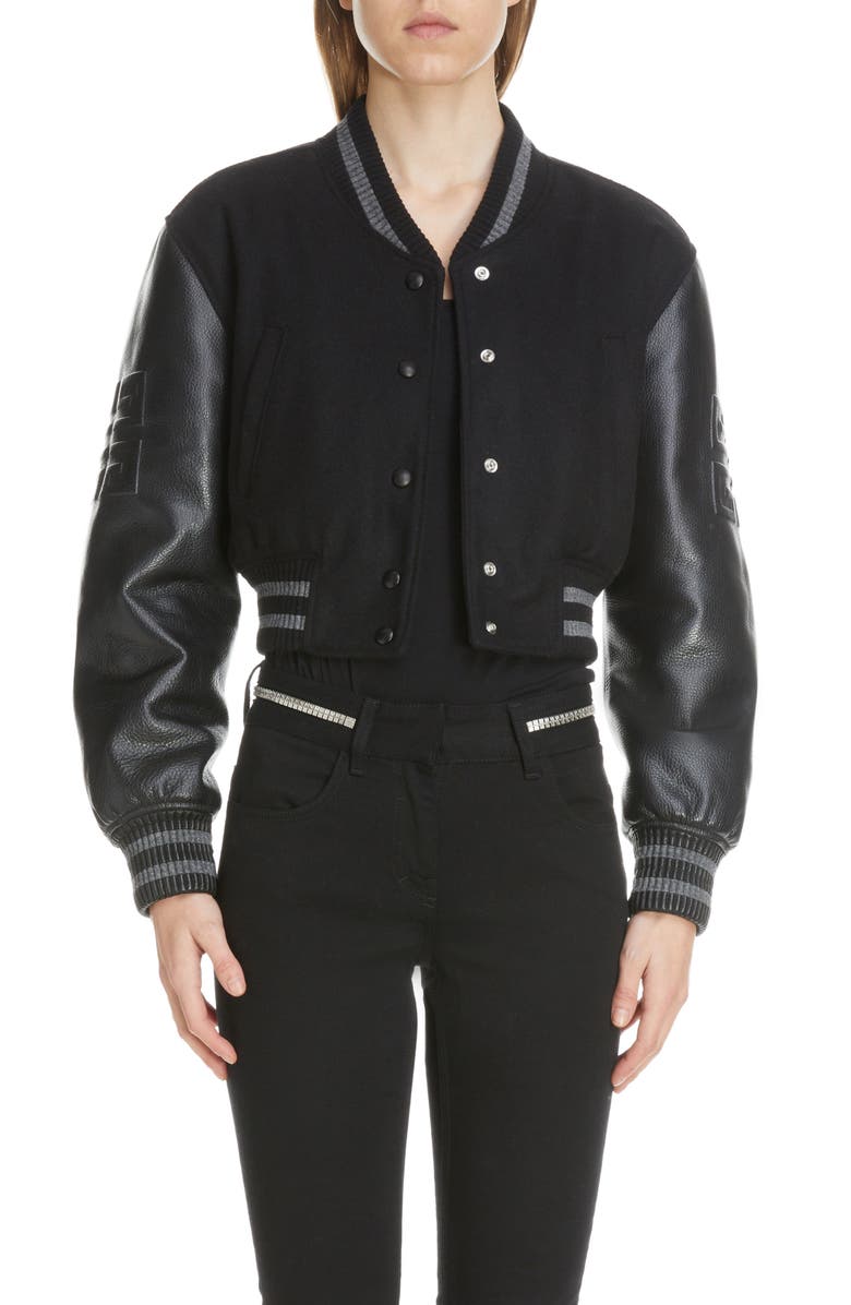 Leather Sleeve Logo Crop Varsity Jacket