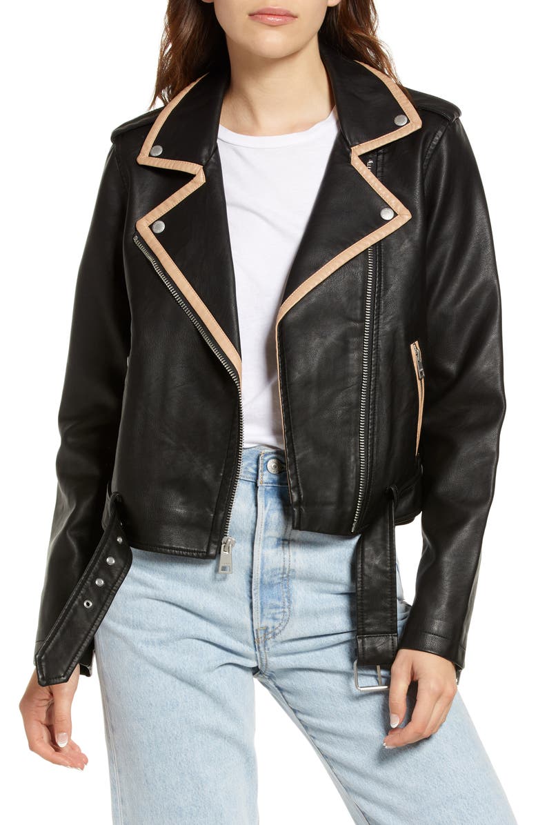 Contrast Trim Faux Leather Moto Jacket
