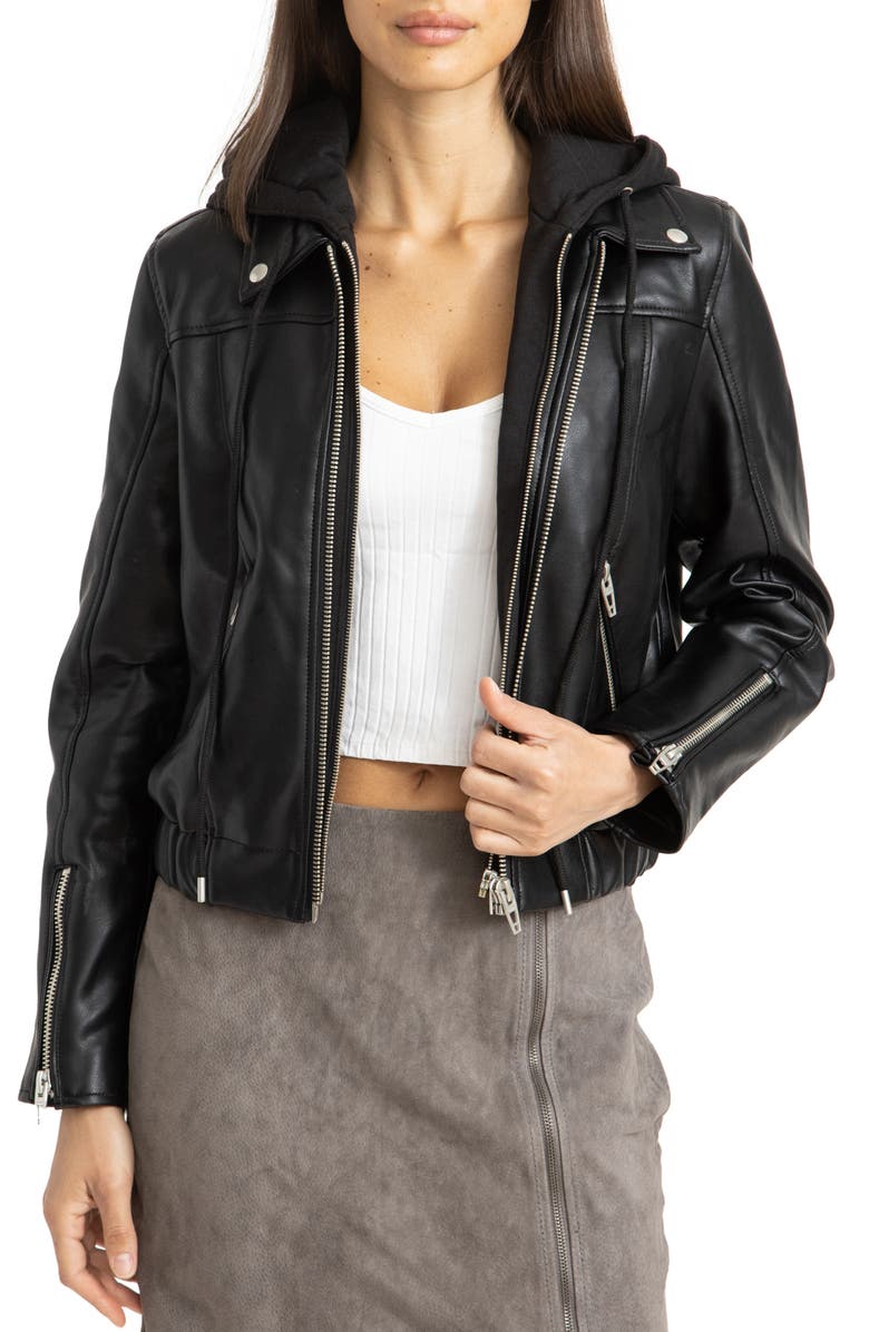 Faux Leather Bomber Jacket with Removable Hood