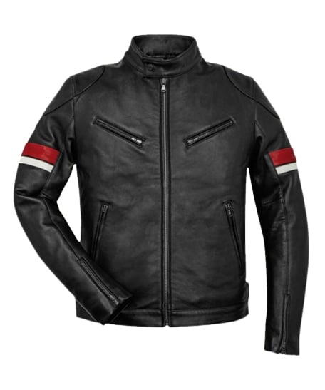 Men's Black Leather Red and White Striped Cafe Racer Jacket