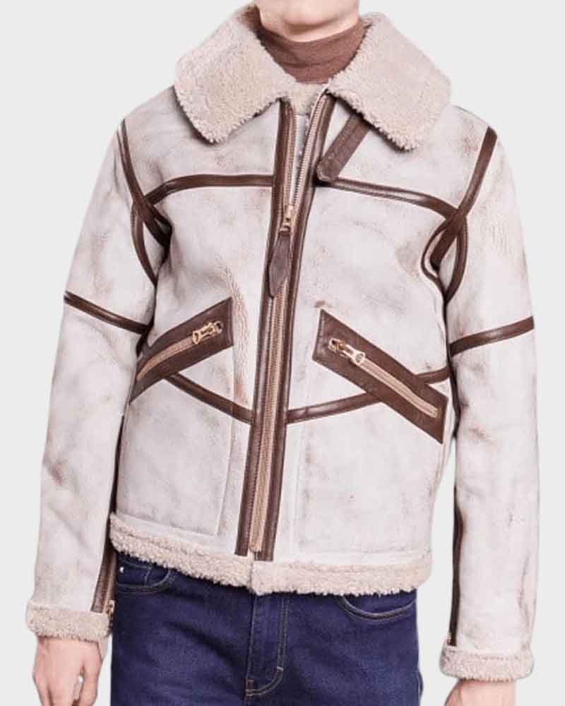 Aviator Style Mens White Waxed Leather Jacket