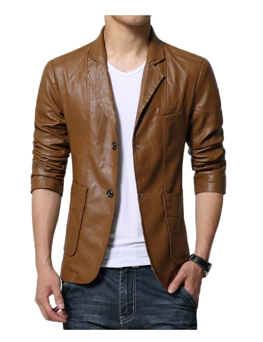 Casual Wear Slim Fit Brown Leather Blazer for Men