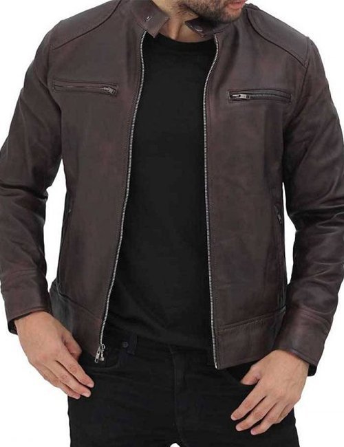Dodge Men Brown Cafe Racer Leather Jacket