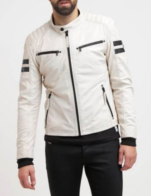 Men Genuine Lambskin White Retro Motorcycle Leather Jacket
