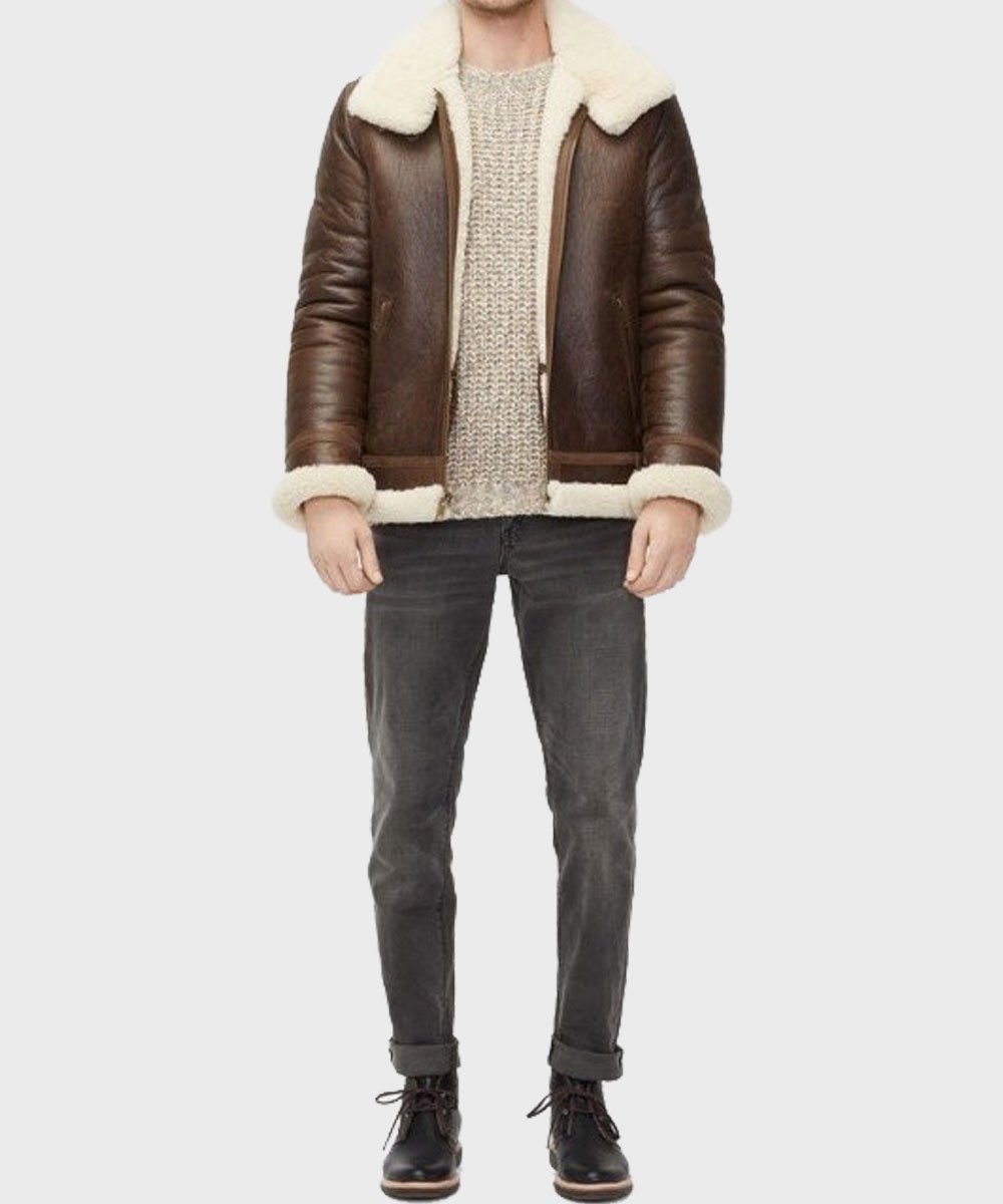 Mens Aviator Brown Shearling Leather Jacket