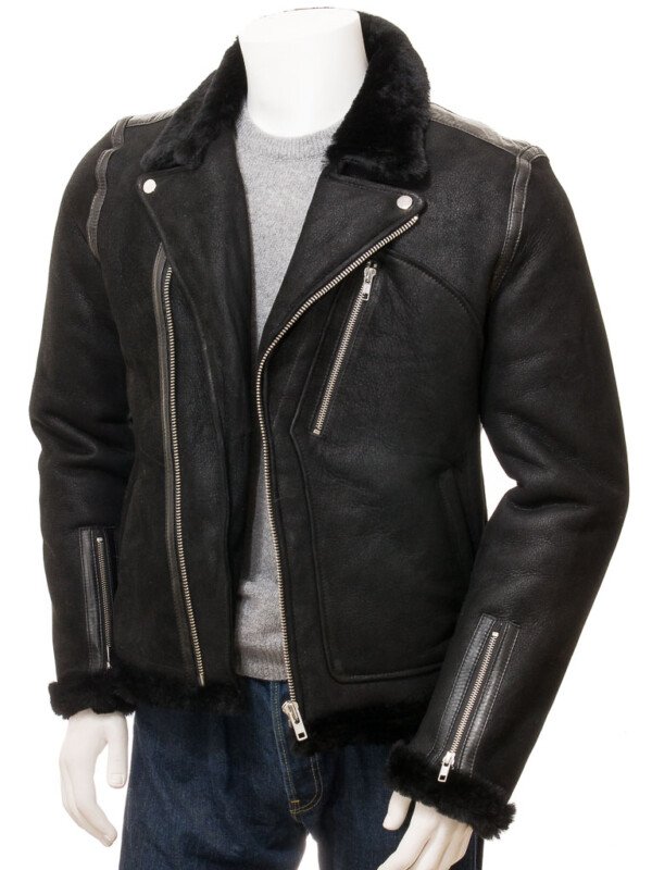 Men’s Black Biker Shearling Leather Jacket