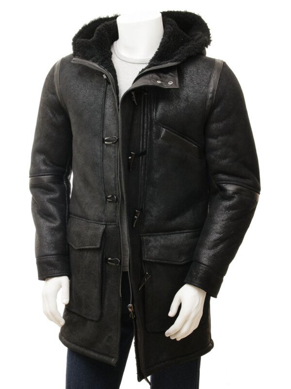 Mens Black Sheepskin Duffle Coat