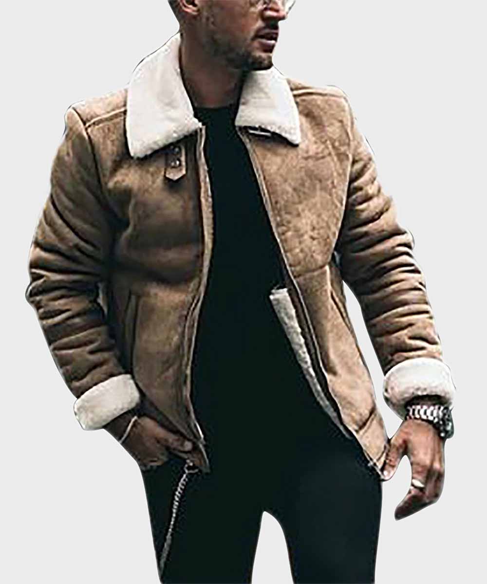 Mens Brown Shearling Aviator Leather Jacket