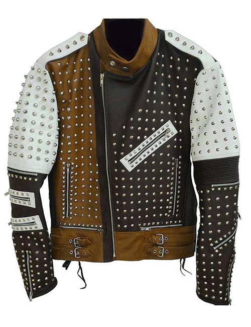 Mens Cafe Racer Studded Punk Motorcycle Leather Jacket