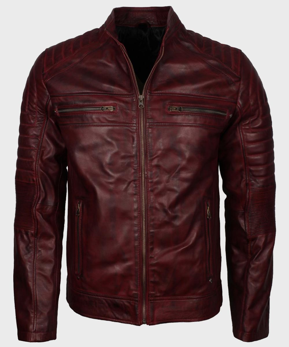 Mens Vintage Cafe Racer Maroon Waxed Leather Jacket