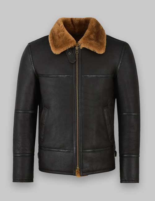 Jet Black Shearling Leather Jacket For Men
