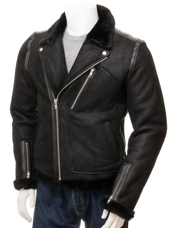 Men’s Black Biker Shearling Leather Jacket